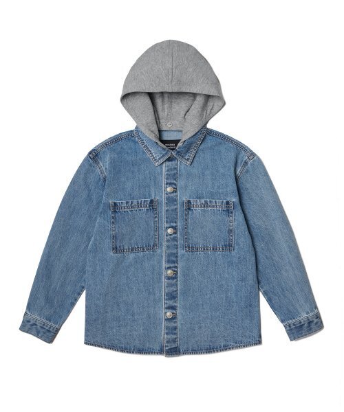 MUSINSA STANDARD KIDS（ムシンサスタンダードキッズ）の「オーバーサイズ デタッチャブル フード デニム シャツ [ライトインディゴ]（シャツ/ブラウス・レディース・その他・100/110/120/130/140/150/160）」の2枚目の写真