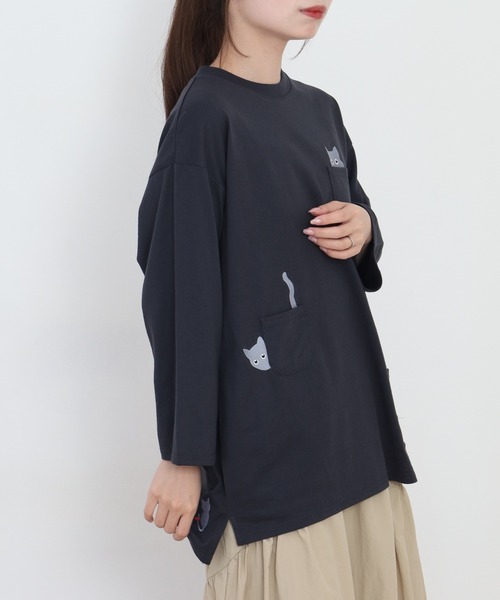 Quelle Chance(ケルシャンス)の「多ポケット刺繍プルオーバー いろいろネコ 長袖(Tシャツ/カットソー・レディース・チャコールグレー/オートミール/ミント・L/M)」の21枚目の写真
