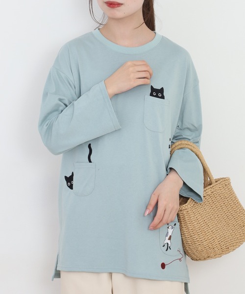 Quelle Chance(ケルシャンス)の「多ポケット刺繍プルオーバー いろいろネコ 長袖(Tシャツ/カットソー・レディース・チャコールグレー/オートミール/ミント・L/M)」の14枚目の写真