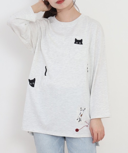 Quelle Chance(ケルシャンス)の「多ポケット刺繍プルオーバー いろいろネコ 長袖(Tシャツ/カットソー・レディース・チャコールグレー/オートミール/ミント・L/M)」の4枚目の写真