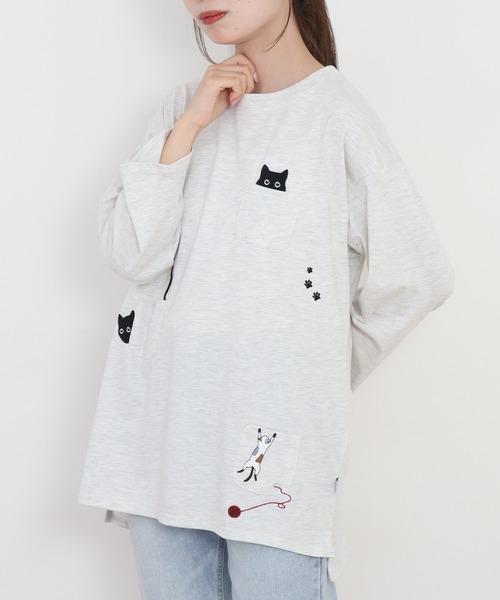 Quelle Chance(ケルシャンス)の「多ポケット刺繍プルオーバー いろいろネコ 長袖(Tシャツ/カットソー・レディース・チャコールグレー/オートミール/ミント・L/M)」の5枚目の写真