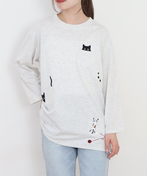 Quelle Chance(ケルシャンス)の「多ポケット刺繍プルオーバー いろいろネコ 長袖(Tシャツ/カットソー・レディース・チャコールグレー/オートミール/ミント・L/M)」の6枚目の写真