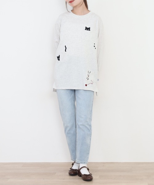 Quelle Chance(ケルシャンス)の「多ポケット刺繍プルオーバー いろいろネコ 長袖(Tシャツ/カットソー・レディース・チャコールグレー/オートミール/ミント・L/M)」の9枚目の写真