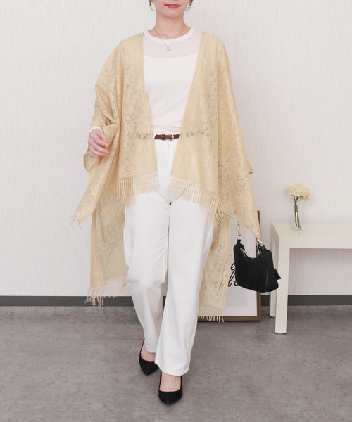 libelle more（リベル モア）の「総レース裾フリンジストールカーディガン（カーディガン/ボレロ・レディース・ベージュ/グレイッシュブルー/オフホワイト/カーキ/ブラック・M）」の4枚目の写真