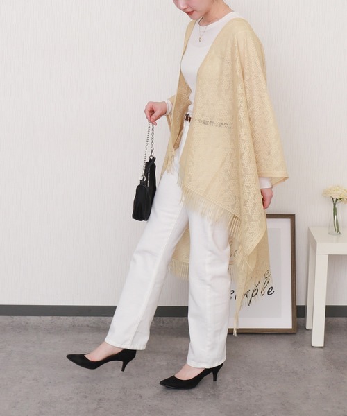 libelle more（リベル モア）の「総レース裾フリンジストールカーディガン（カーディガン/ボレロ・レディース・ベージュ/グレイッシュブルー/オフホワイト/カーキ/ブラック・M）」の7枚目の写真