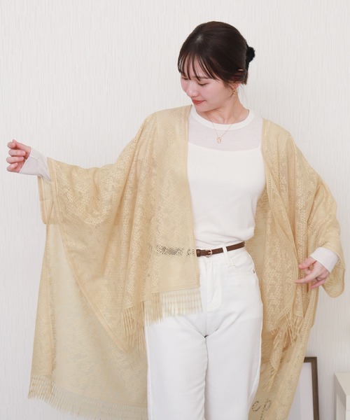 libelle more（リベル モア）の「総レース裾フリンジストールカーディガン（カーディガン/ボレロ・レディース・ベージュ/グレイッシュブルー/オフホワイト/カーキ/ブラック・M）」の9枚目の写真
