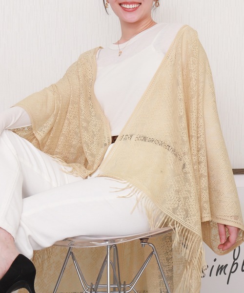 libelle more（リベル モア）の「総レース裾フリンジストールカーディガン（カーディガン/ボレロ・レディース・ベージュ/グレイッシュブルー/オフホワイト/カーキ/ブラック・M）」の12枚目の写真