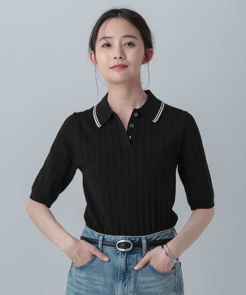 GLOBAL WORK(グローバルワーク)の「MATINEE LINE/ニットポロプルオーバー5分袖/646674(ニット/セーター・レディース・ブラック/ベージュ系その他3/グリーン・MEDIUM/LARGE)」の2枚目の写真