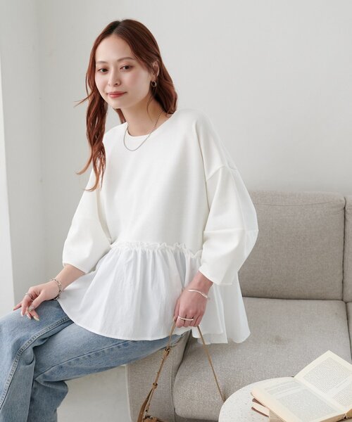 DISCOAT（ディスコート）の「【WEB限定】裾布帛ドッキングプルオーバー（Tシャツ/カットソー・レディース・ブラック/ホワイト/グレイッシュベージュ・MEDIUM）」の7枚目の写真