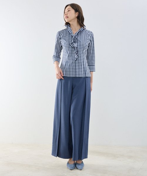 NARACAMICIE（ナラカミーチェ）の「【NARACAMICIE】ギンガムチェックスタンドフリル七分袖シャツ（シャツ/ブラウス・レディース・ブルー/ネイビー/ブラウン・L/M）」の16枚目の写真