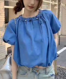 2ly2（トゥーリートゥー）の「ブラウス レディース 半袖 ギャザー リボン クルーネック 無地 ゆったり ショート丈（シャツ/ブラウス）」