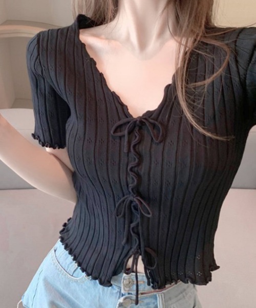 NANEA(ナネア)の「トリプルリボン 透かし編みサマーニット(Tシャツ/カットソー・レディース・ブラック/ホワイト・フリー)」の1枚目の写真