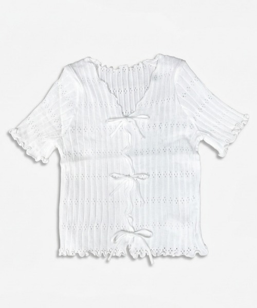 NANEA(ナネア)の「トリプルリボン 透かし編みサマーニット(Tシャツ/カットソー・レディース・ブラック/ホワイト・フリー)」の19枚目の写真