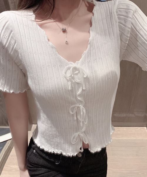 NANEA(ナネア)の「トリプルリボン 透かし編みサマーニット(Tシャツ/カットソー・レディース・ブラック/ホワイト・フリー)」の4枚目の写真