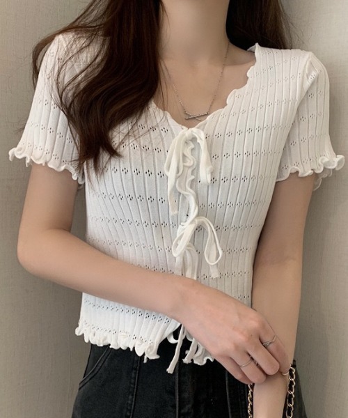 NANEA(ナネア)の「トリプルリボン 透かし編みサマーニット(Tシャツ/カットソー・レディース・ブラック/ホワイト・フリー)」の8枚目の写真