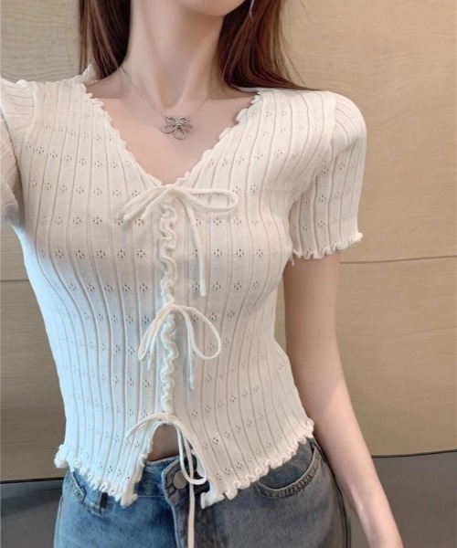 NANEA(ナネア)の「トリプルリボン 透かし編みサマーニット(Tシャツ/カットソー・レディース・ブラック/ホワイト・フリー)」の7枚目の写真