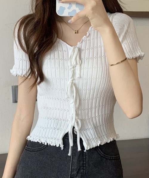 NANEA(ナネア)の「トリプルリボン 透かし編みサマーニット(Tシャツ/カットソー・レディース・ブラック/ホワイト・フリー)」の12枚目の写真