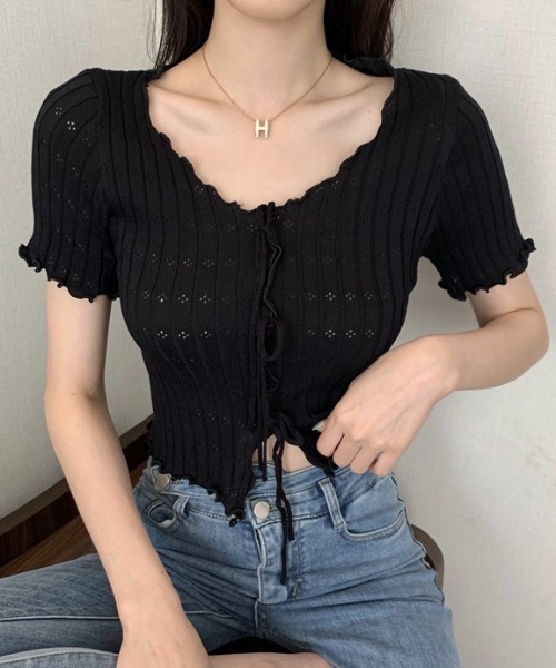NANEA(ナネア)の「トリプルリボン 透かし編みサマーニット(Tシャツ/カットソー・レディース・ブラック/ホワイト・フリー)」の15枚目の写真