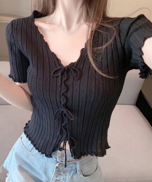 NANEA(ナネア)の「トリプルリボン 透かし編みサマーニット(Tシャツ/カットソー・レディース・ブラック/ホワイト・フリー)」の13枚目の写真