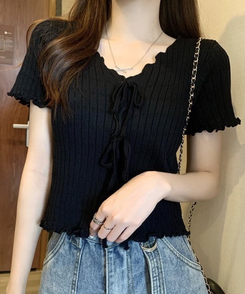 NANEA(ナネア)の「トリプルリボン 透かし編みサマーニット(Tシャツ/カットソー・レディース・ブラック/ホワイト・フリー)」の16枚目の写真