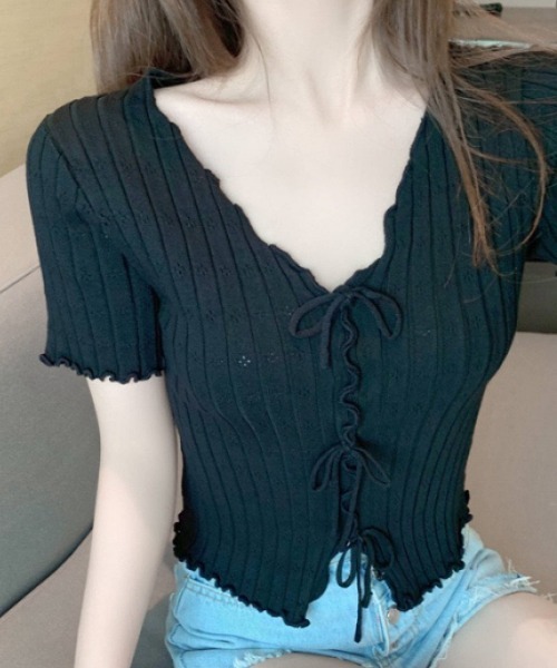 NANEA(ナネア)の「トリプルリボン 透かし編みサマーニット(Tシャツ/カットソー・レディース・ブラック/ホワイト・フリー)」の14枚目の写真