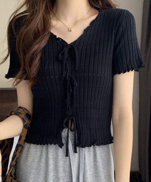 NANEA(ナネア)の「トリプルリボン 透かし編みサマーニット(Tシャツ/カットソー・レディース・ブラック/ホワイト・フリー)」の18枚目の写真