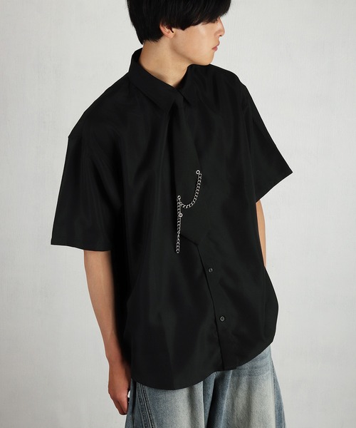 WESTSEA（ウエストシー）の「チェーンデザインネクタイ付き ビッグシルエット 半袖シャツ（シャツ/ブラウス・メンズ・ブラック/ホワイト・M/L）」の2枚目の写真