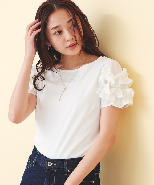 index(インデックス)の「フリルドッキングスリーブTシャツ【洗濯機OK/UVケア】(Tシャツ/カットソー・レディース・オフホワイト/パープル/ネイビー・36/38/40)」の3枚目の写真