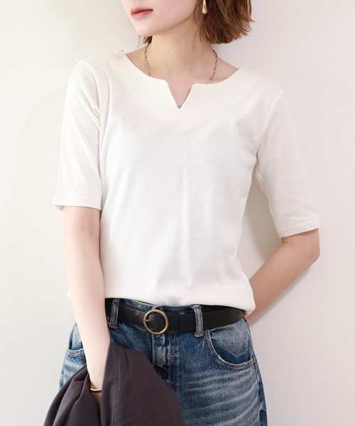 FUNALIVE(ファンアライブ)の「キーネックコットン5分袖トップス(Tシャツ/カットソー・レディース・カーキ/グレイッシュベージュ/ブラック/オフホワイト/杢グレー・4L/3L/L/M/LL)」の7枚目の写真