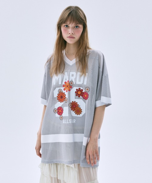Mardi Mercredi(マルディメクルディ)の「MESH JERSEY TOP HALF SLEEVE BLOSSOM / メッシュ ジャージ トップ ハーフ スリーブ ブロッサム(Tシャツ/カットソー・レディース・グレー/ネイビー/ピンク/ブラック・FREE)」の2枚目の写真