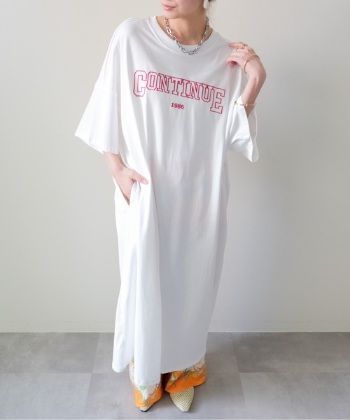 DOLLUPOOPS(ドールアップウップス)の「Logo Loose T-Shirt Dress(ロゴルーズTシャツワンピース)(ワンピース・レディース・オフホワイト/グレー・FREE)」の6枚目の写真
