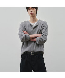 リブドスナップヘンリーネッククロップTシャツ[メランジグレー]
