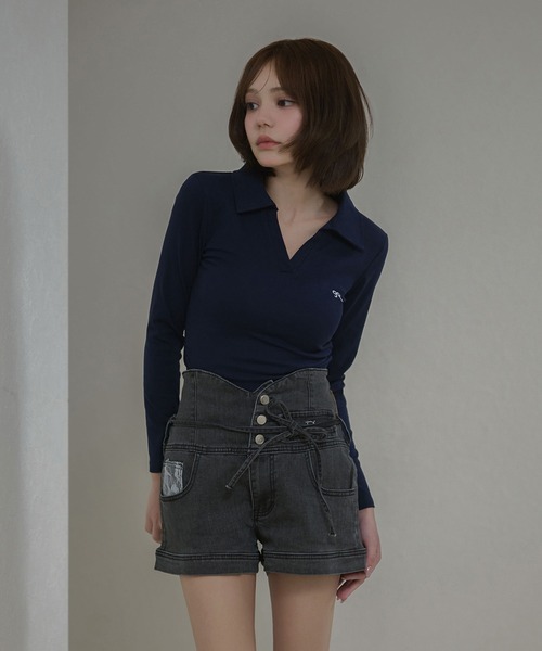 M DOLLY(エムドリー)の「Ribbon sadie polo long tops / リボンセイディポロロングトップス(ポロシャツ・レディース・ネイビー/ホワイト/ブラック・FREE)」の15枚目の写真