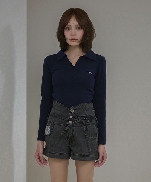 M DOLLY(エムドリー)の「Ribbon sadie polo long tops / リボンセイディポロロングトップス(ポロシャツ・レディース・ネイビー/ホワイト/ブラック・FREE)」の17枚目の写真