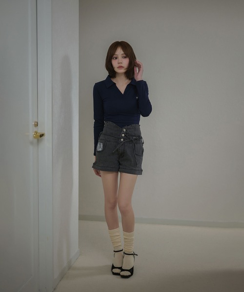 M DOLLY(エムドリー)の「Ribbon sadie polo long tops / リボンセイディポロロングトップス(ポロシャツ・レディース・ネイビー/ホワイト/ブラック・FREE)」の18枚目の写真