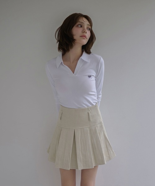 M DOLLY(エムドリー)の「Ribbon sadie polo long tops / リボンセイディポロロングトップス(ポロシャツ・レディース・ネイビー/ホワイト/ブラック・FREE)」の4枚目の写真