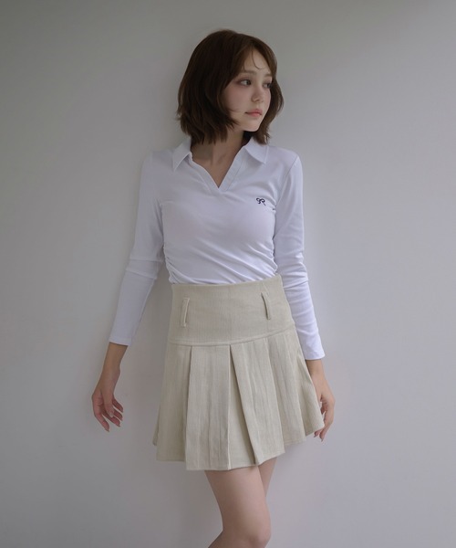 M DOLLY(エムドリー)の「Ribbon sadie polo long tops / リボンセイディポロロングトップス(ポロシャツ・レディース・ネイビー/ホワイト/ブラック・FREE)」の5枚目の写真