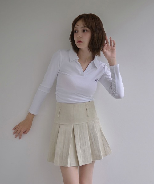 M DOLLY(エムドリー)の「Ribbon sadie polo long tops / リボンセイディポロロングトップス(ポロシャツ・レディース・ネイビー/ホワイト/ブラック・FREE)」の6枚目の写真
