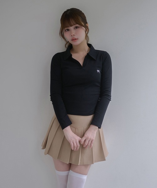 M DOLLY(エムドリー)の「Ribbon sadie polo long tops / リボンセイディポロロングトップス(ポロシャツ・レディース・ネイビー/ホワイト/ブラック・FREE)」の9枚目の写真