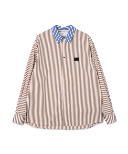 CULLNI(クルニ)の「High Count Broadcloth Embroidery Patch Long Sleeve Shirt Stripe Combination(シャツ/ブラウス・メンズ・ブルー/ベージュ・1/2)」の1枚目の写真