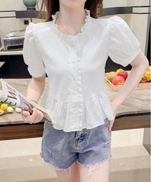 フリルネックパフスリーブペプラム半袖ブラウス