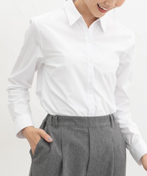 Honeys(ハニーズ)の「【らくらくアイロン】らくらくスキッパーシャツ(シャツ/ブラウス・レディース・ホワイト×ネイビー/ブラック/ライトホワイト/グレー×ホワイト/ピンク・3L/L/LL/M/S)」の2枚目の写真
