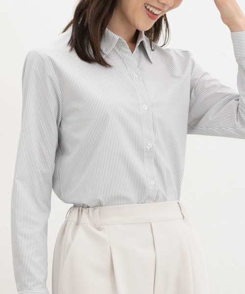 Honeys(ハニーズ)の「【らくらくアイロン】らくらくスキッパーシャツ(シャツ/ブラウス・レディース・ホワイト×ネイビー/ブラック/ライトホワイト/グレー×ホワイト/ピンク・3L/L/LL/M/S)」の1枚目の写真