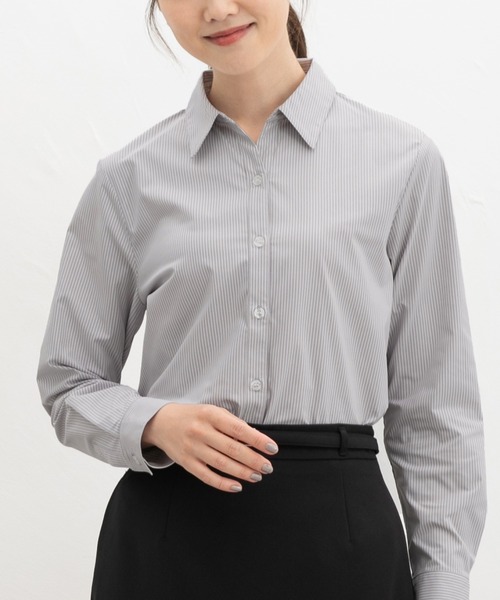 Honeys(ハニーズ)の「【らくらくアイロン】らくらくスキッパーシャツ(シャツ/ブラウス・レディース・ホワイト×ネイビー/ブラック/ライトホワイト/グレー×ホワイト/ピンク・3L/L/LL/M/S)」の4枚目の写真