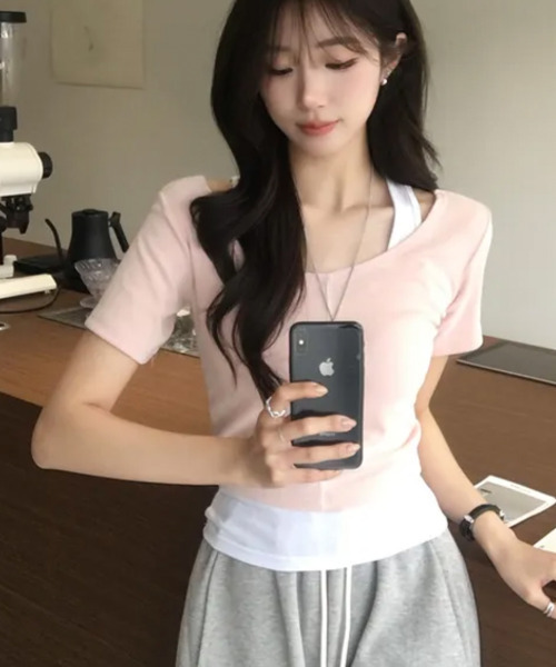 VIVID LADY(ビビッドレディー)の「フェイクレイヤード 半袖リブトップス(Tシャツ/カットソー・レディース・グレー/ブラック/ネイビー/ピンク/ホワイト・FREE)」の17枚目の写真