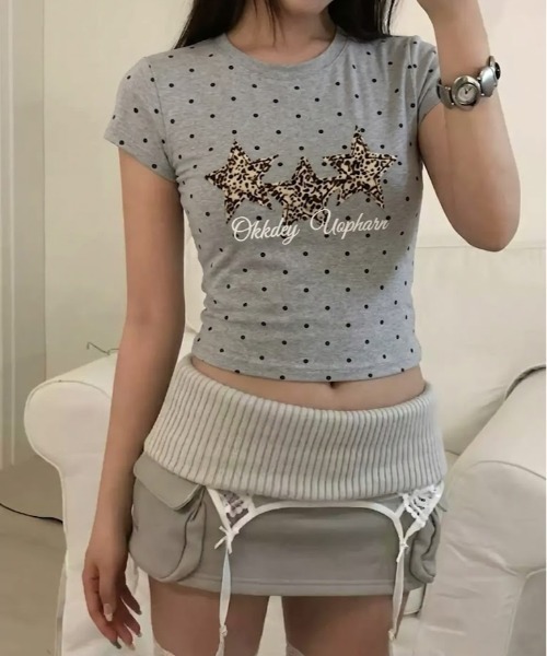 SHEPP(シープ)の「レオパードスタードット柄 タイト半袖Tシャツ(Tシャツ/カットソー・レディース・グレー/ホワイト/ブラック・L/M)」の9枚目の写真