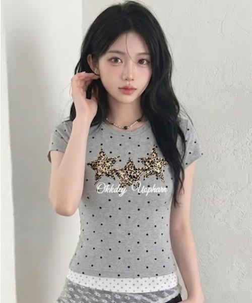 SHEPP(シープ)の「レオパードスタードット柄 タイト半袖Tシャツ(Tシャツ/カットソー・レディース・グレー/ホワイト/ブラック・L/M)」の8枚目の写真
