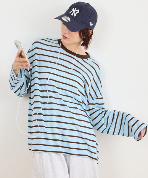 ABYS(アビス)の「オーバーサイズボーダーTシャツ(Tシャツ/カットソー・レディース・ライトブルー/ネイビー/ピンク・FREE)」の2枚目の写真