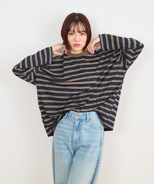 ABYS(アビス)の「オーバーサイズボーダーTシャツ(Tシャツ/カットソー・レディース・ライトブルー/ネイビー/ピンク・FREE)」の22枚目の写真