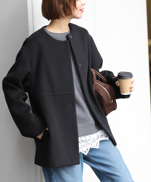 JOURNAL STANDARD relume(ジャーナルスタンダード レリューム)の「《追加 / 新色》スーパーファインビーバークルーネックコート(ノーカラーコート・レディース・チャコールグレー/ブラック/ブラウン系その他・38/36)」の10枚目の写真
